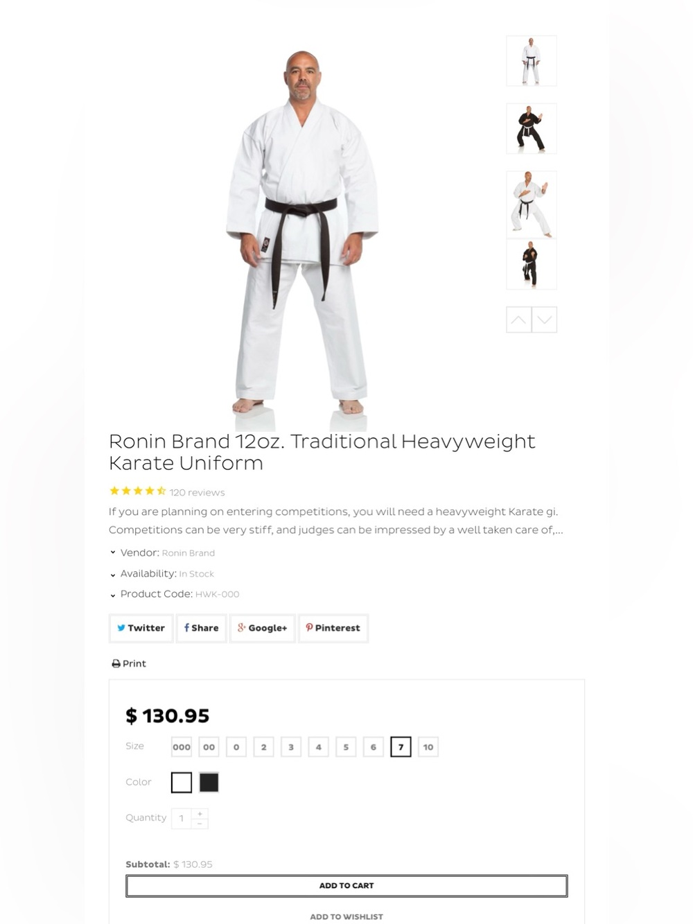 NWT Ronin Brand 12oz. Traditional Heavyweight Karate Uniform - Size 7